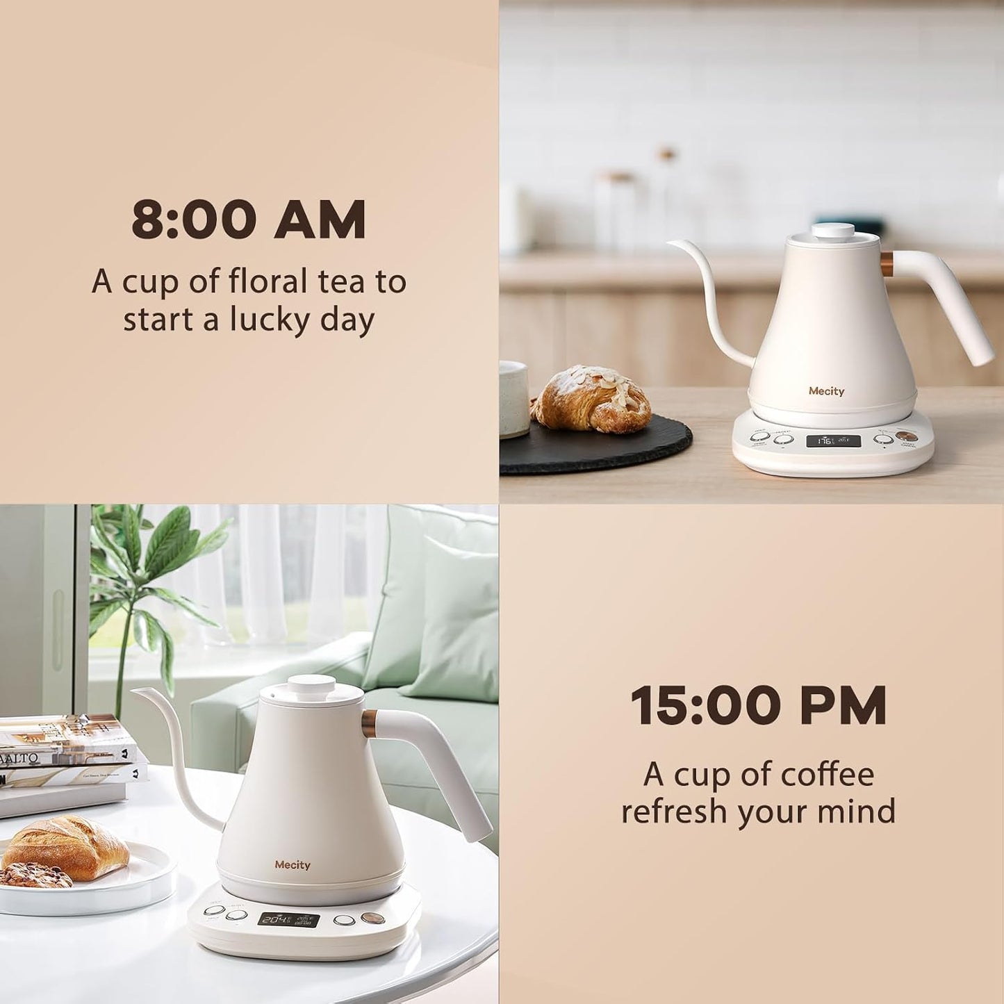 Mecity Electric Gooseneck Kettle With LCD Display Automatic Shut Off Retro Coffee Kettle Temperature Control Hot Water Boiler to Pour Over Tea, 1200 Watt Quick Heating Tea Pot, 0.8L, Stainless Steel