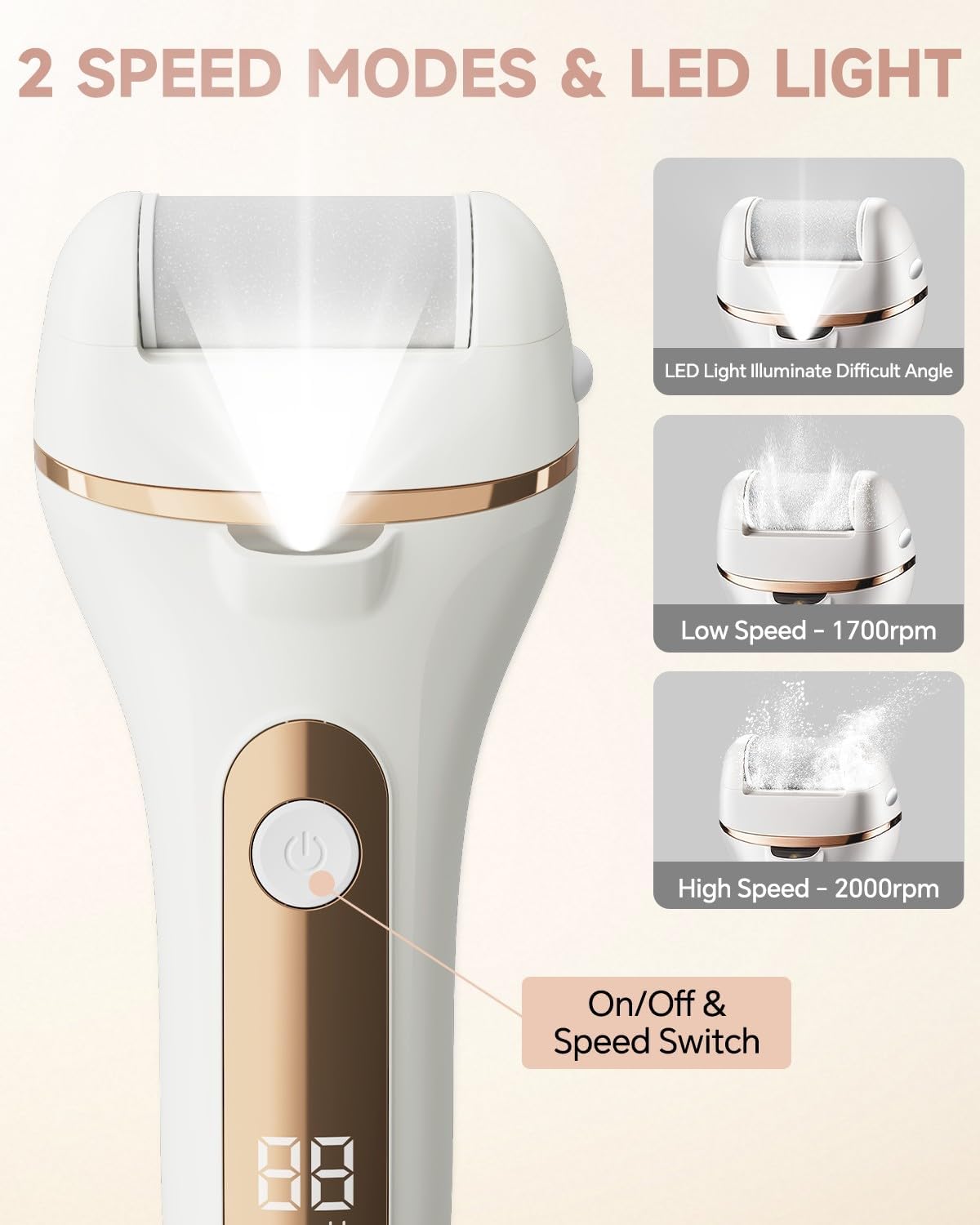 Electric Foot Callus Remover Rechargeable Pedicure Kit with 3 Roller Heads 2 Speed IPX6 Waterproof Foot File Pedicure Tools Professional Foot Care for Dead Cracked Dry Skin White
