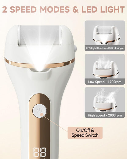 Electric Foot Callus Remover Rechargeable Pedicure Kit with 3 Roller Heads 2 Speed IPX6 Waterproof Foot File Pedicure Tools Professional Foot Care for Dead Cracked Dry Skin White