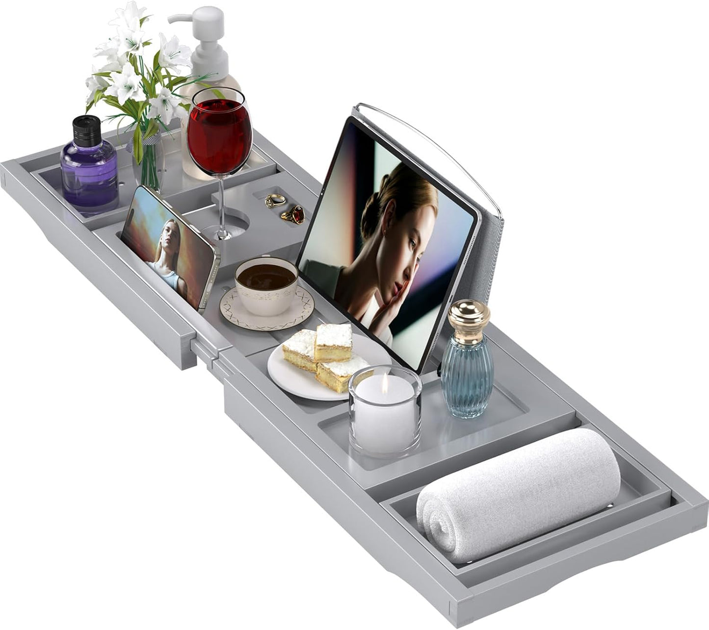 Foldable Bamboo Bathtub Caddy Tray Expandable for Luxury Bath, Bath Accessories & Table with Wine Glass Holder, Book Stand Bathroom Organizer with Extending Sides for Men/Women