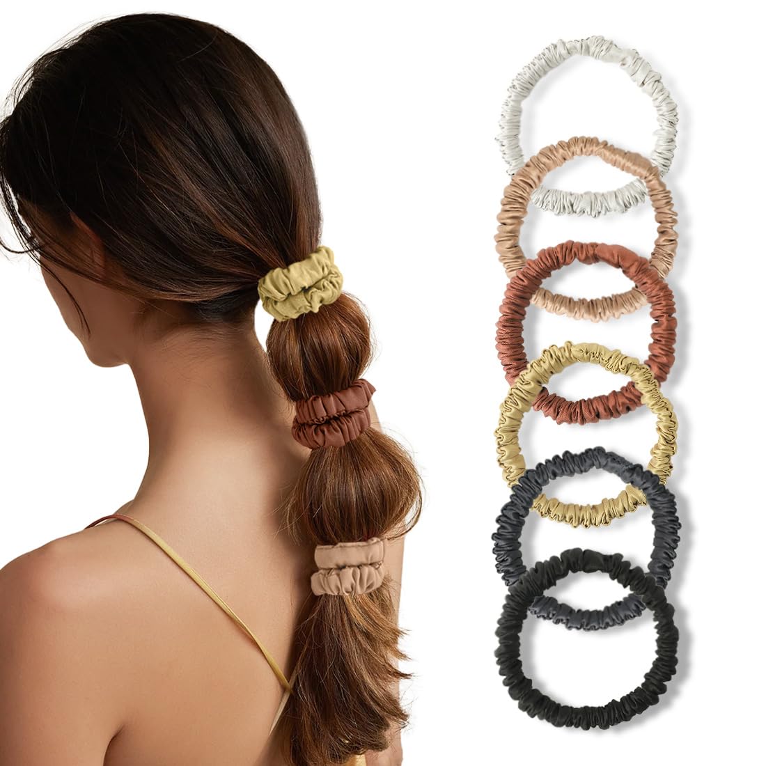 6PCS Silk Scrunchies for Hair, 100% Mulberry Silk Hair Ties, Scrunchies for Women Girls, Elastic Ponytail Holders No Damage