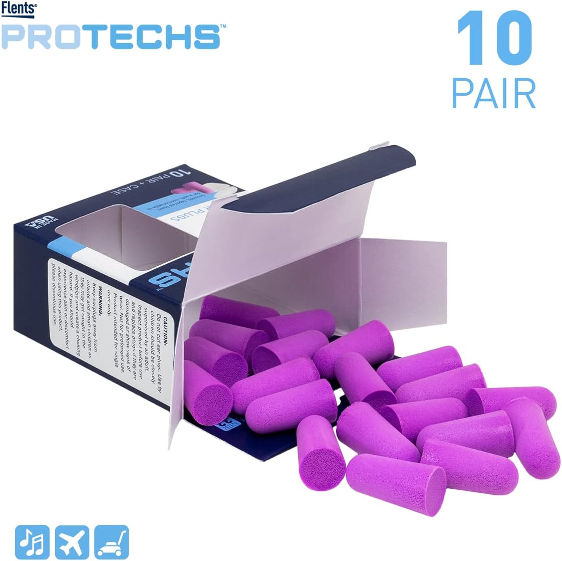 Flents Protechs Foam Ear Plugs, 70 Pair for Sleeping, Snoring, Loud Noise, Traveling, Concerts, Construction, Studying, Work, Shooting, NRR 33, Noise Cancelling, Disposable Purple, Made in the USA
