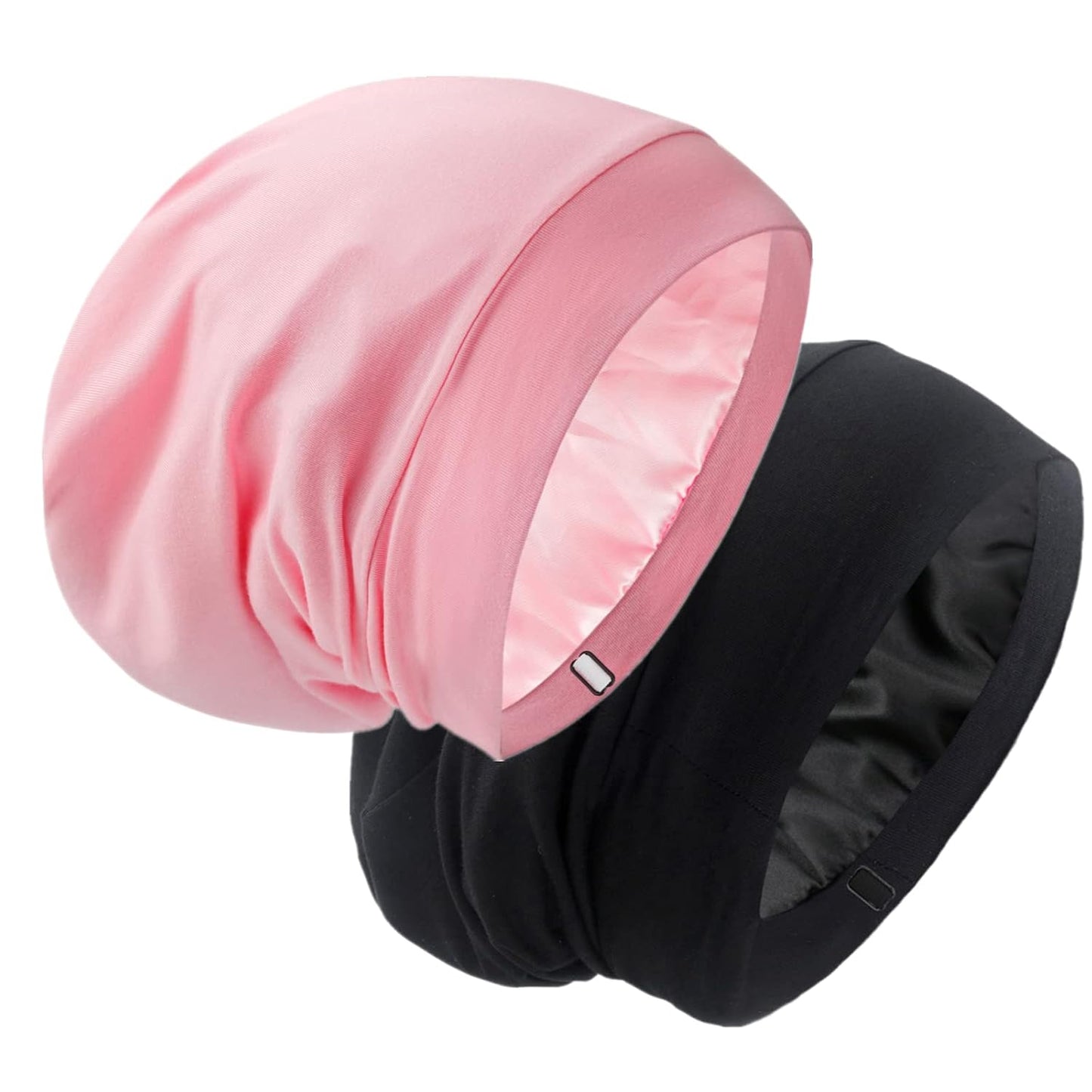 Silk Satin Lined Bonnet Sleep Cap - Adjustable Stay on All Night Hair Wrap Cover Slouchy Beanie for Curly Protection Women and Men Solid Black