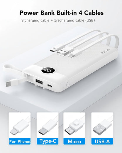 VRURC Portable Charger, Slim Power Bank Built-in 4 Cables, Travel Essential