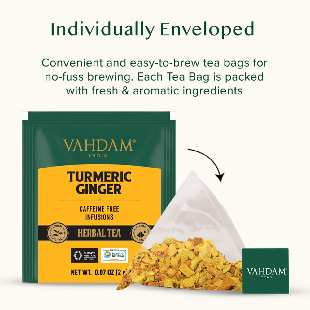VAHDAM Organic Turmeric Ginger Herbal Tea Bags (100 Pyramid Tea Bags) Caffeine Free, Non GMO | 100% Pure Herbal Blend - Savory & Spicy, Plant-Based Teabags | Resealable Ziplock Pouch