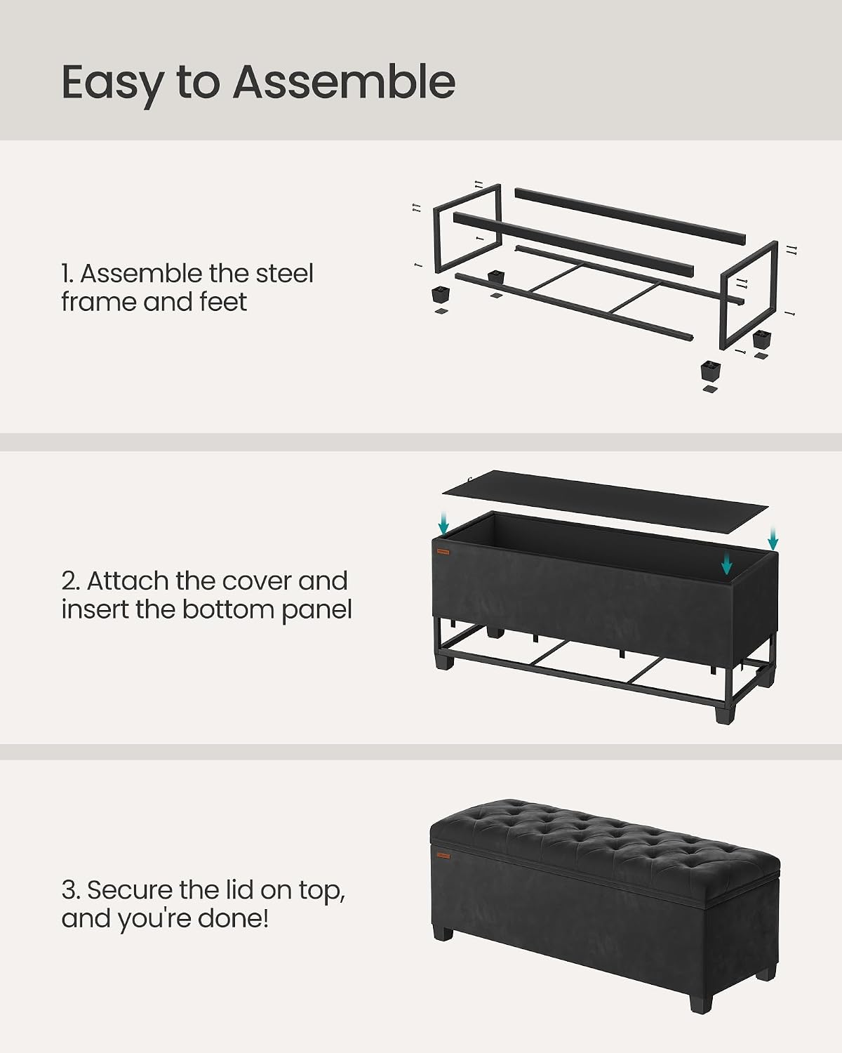 SONGMICS Storage Ottoman Bench, Foot Rest with Legs, 15.7 x 43.3 x 15.7 Inches, End of Bed Bench, Storage Chest, Load up to 660 lb, for Living Room, Bedroom, Entryway, Dark Gray ULSF088G01