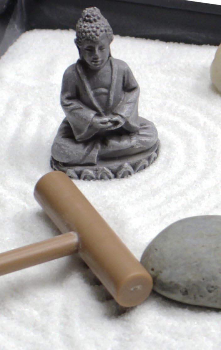Nature's Mark Mini Zen Garden Kit for Desk with Rake, White Sand, Buddha Figure, Bridge Figure and River Rocks, Black Rectangle Base