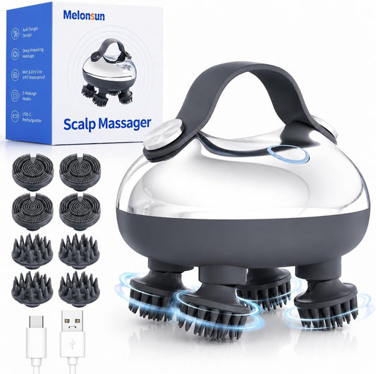 Melonsun Electric Scalp Massager for Stress Relief, Anti-Tangle 360° Kneading Head Massager, IPX7 Waterproof Rechargeable for Shower Use, 3 Modes, 2 Silicone Claw Sets for Massage & Gentle Cleansing