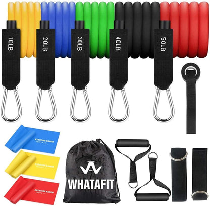 WHATAFIT Resistance Bands, Exercise Bands, Workout Bands with Handles, Door Anchor and Ankle Straps, 5 Resistance Levels Fitness Bands for Strength Training, Physical Therapy, and Home Gym Equipment
