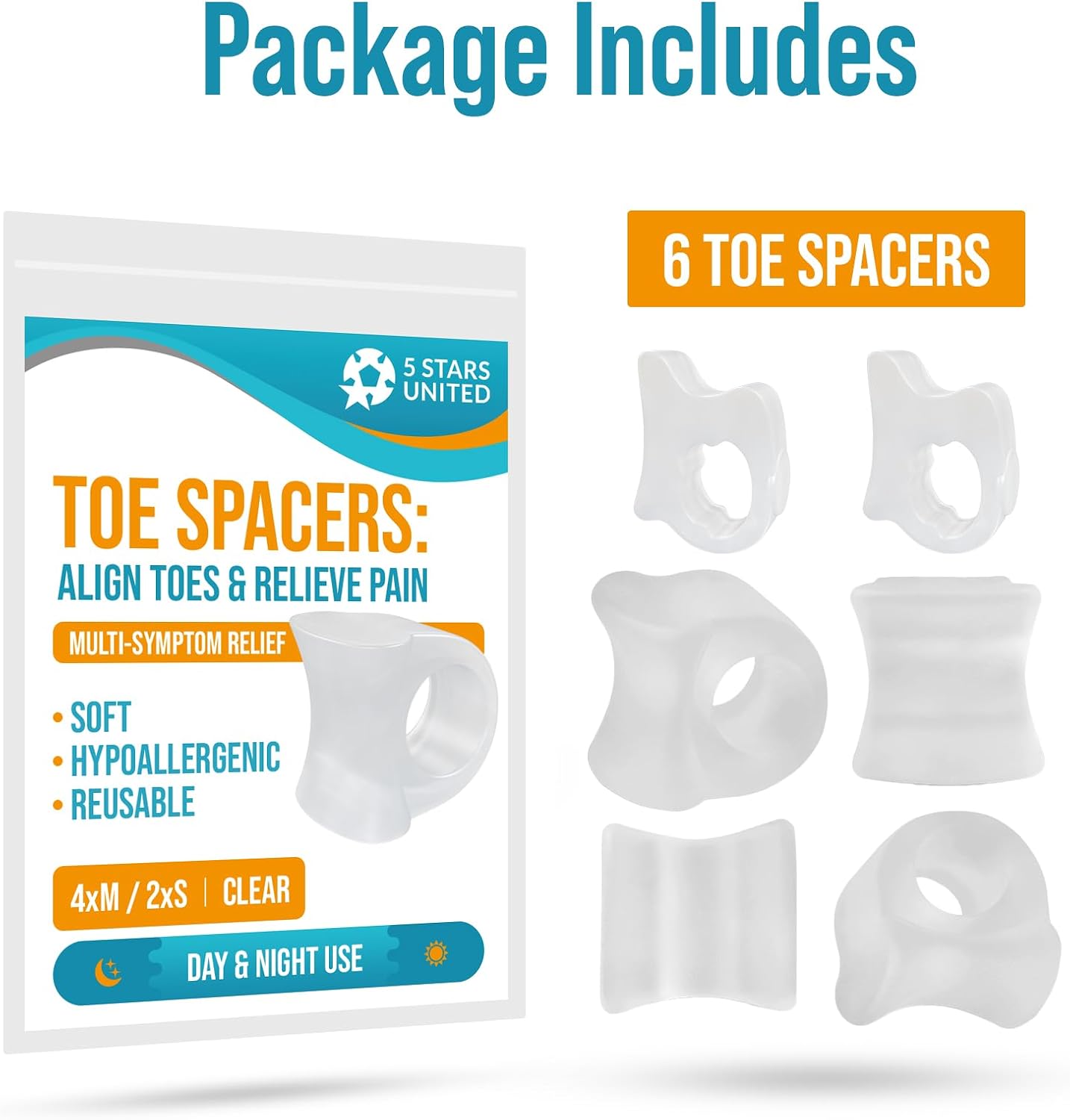 5 STARS UNITED Big Toe Spacers for Men & Women – 4 Gel Separators for Overlapping & Curled Toes, Bunions, Alignment - Diabetic Foot Care, Silicone Spreader, Corrector & Straightener, Clear