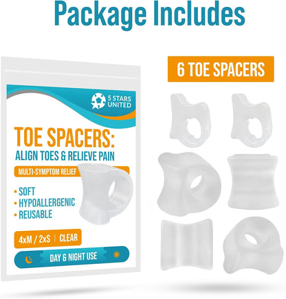 5 STARS UNITED Big Toe Spacers for Men & Women – 4 Gel Separators for Overlapping & Curled Toes, Bunions, Alignment - Diabetic Foot Care, Silicone Spreader, Corrector & Straightener, Clear