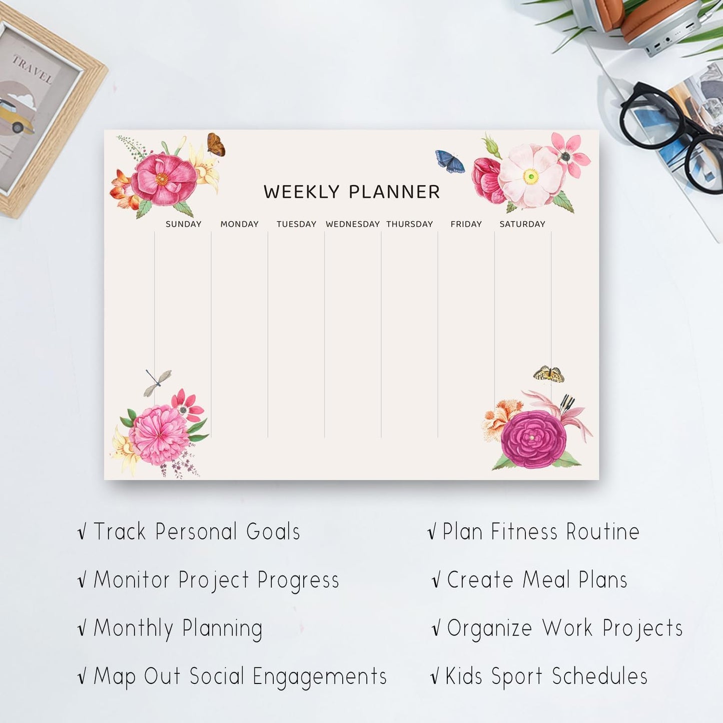 Undated Weekly Planner Notepad, 52 Sheet Tear-Off Weekly To Do List Notepad, Desk Planner Pad Calendar, Blank Calendar for Daily Habit Tracking/Menu Planning(8.26"x11,69")