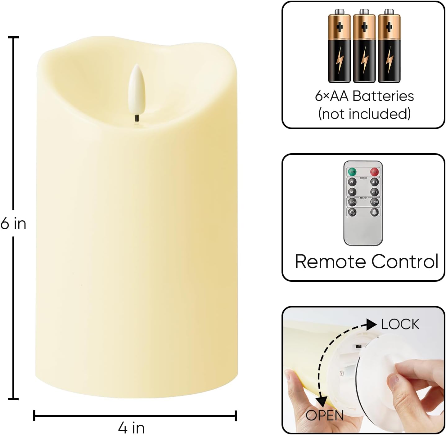 Homemory 6"x3" Outdoor Waterproof Flameless Candles, LED Candles, Battery Operated Candles with Remote and Timers, Electric Fake Plastic Pillar Candles, Ivory White, Set of 2