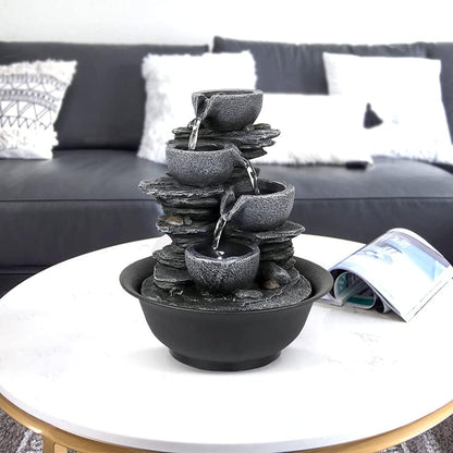 8.3” H Indoor Zen Tabletop Water Fountain, Rock Cascading Waterfall with Spinning Crystal Ball & LED Light for Home Office Decor
