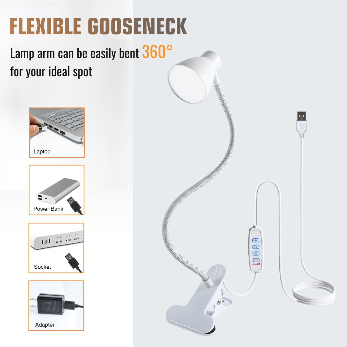 CRI 90+ Eye-Care Clip Light for Reading, 6W Small Clamp Lamp for Desk, Flexible Gooseneck Clip Lamp for Bed Headboard with 3 Color Modes & 10 Brightness(Adapter Include)