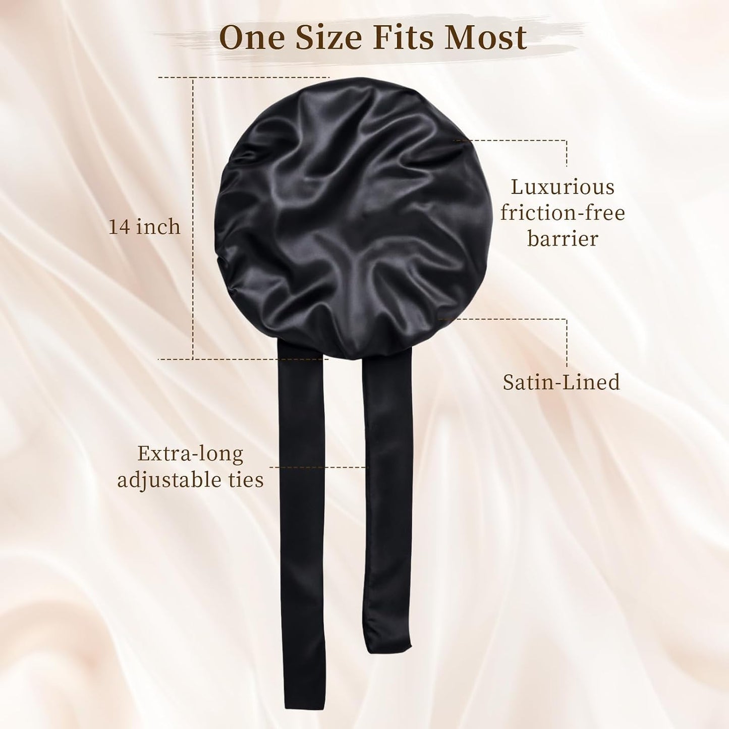 Silk Bonnet Satin Bonnet for Sleeping Large Bonnets with Tie Band Hair Wrap with Adjustable Straps Hair Cap for Women Curly Black