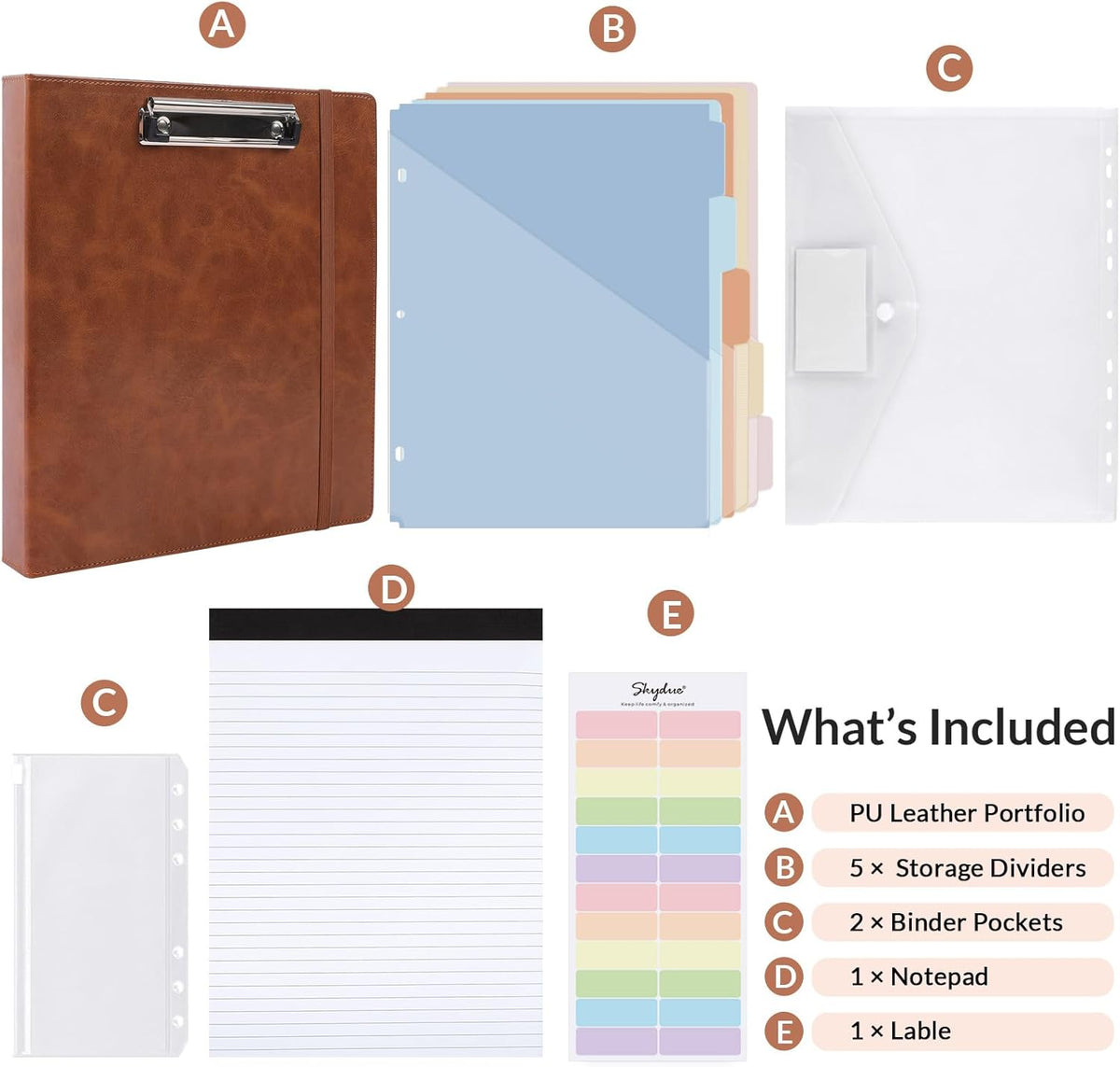 SKYDUE 3 Ring Binder with Clipboard, 13.2" × 10.2" Faux Leather 1 Inch Binder Organizer with 5 Pocket Dividers, Notepad, Labels & 2 Storage Pockets for Teachers, Students, Nurses & Office Work