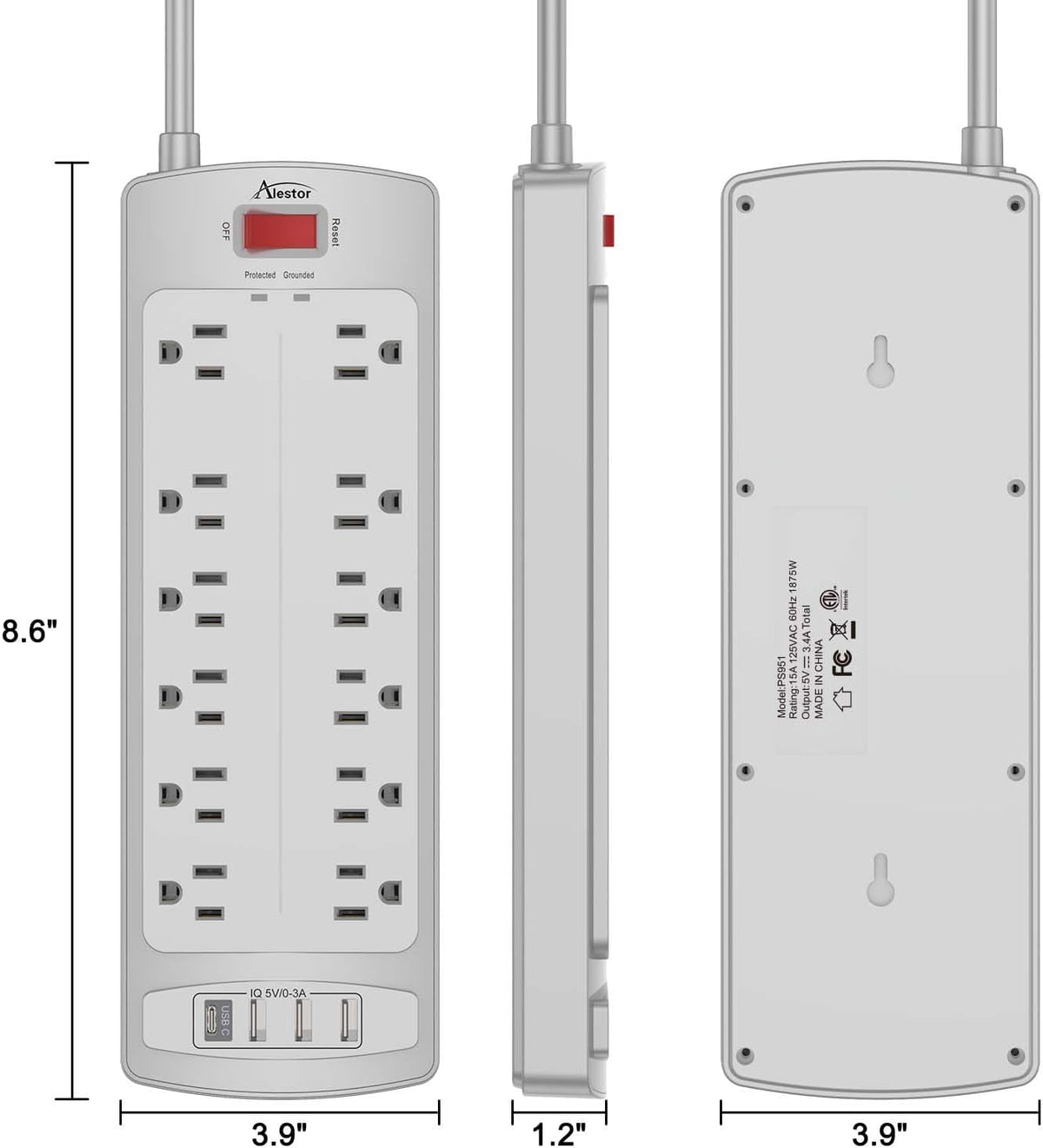 ALESTOR 6 Ft Surge Protector Power Strip with 12 Outlets and 4 USB Ports