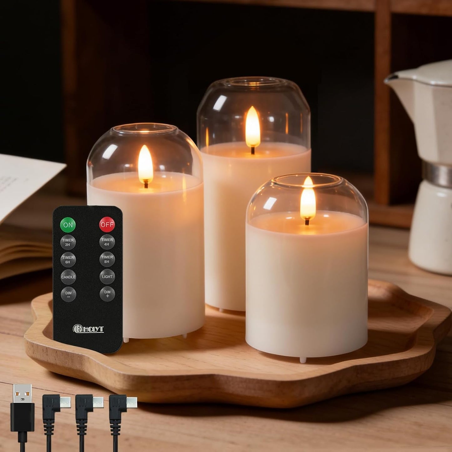 LEDHOLYT Rechargeable Flameless Glass Pillar Candles–Gifts for Women,–Set of 3, Realistic Flickering LED Flame,Remote & Timer, Ideal for Living Room, Bedroom & Halloween Festival Home Party Decor