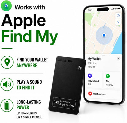 Wallet Tracker Card – Apple MFi Certified, Works with Apple Find My (iOS Only), Rechargeable Slim Tracking Card & Finder, 6-Month Battery, Item Locator for Wallet, Purse, Luggage, Passport