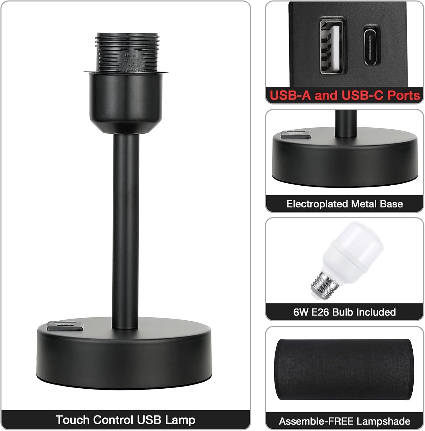 Dicoool Touch Table Lamp for Bedroom, 3 Way Dimmable Bedside Lamp with USB C & A Charging Ports - Small Desk Lamp for Dorm Room, College, Kids, Office, Living Room, White
