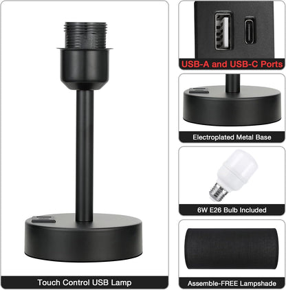 Dicoool Touch Table Lamp for Bedroom, 3 Way Dimmable Bedside Lamp with USB C & A Charging Ports - Small Desk Lamp for Dorm Room, College, Kids, Office, Living Room, White