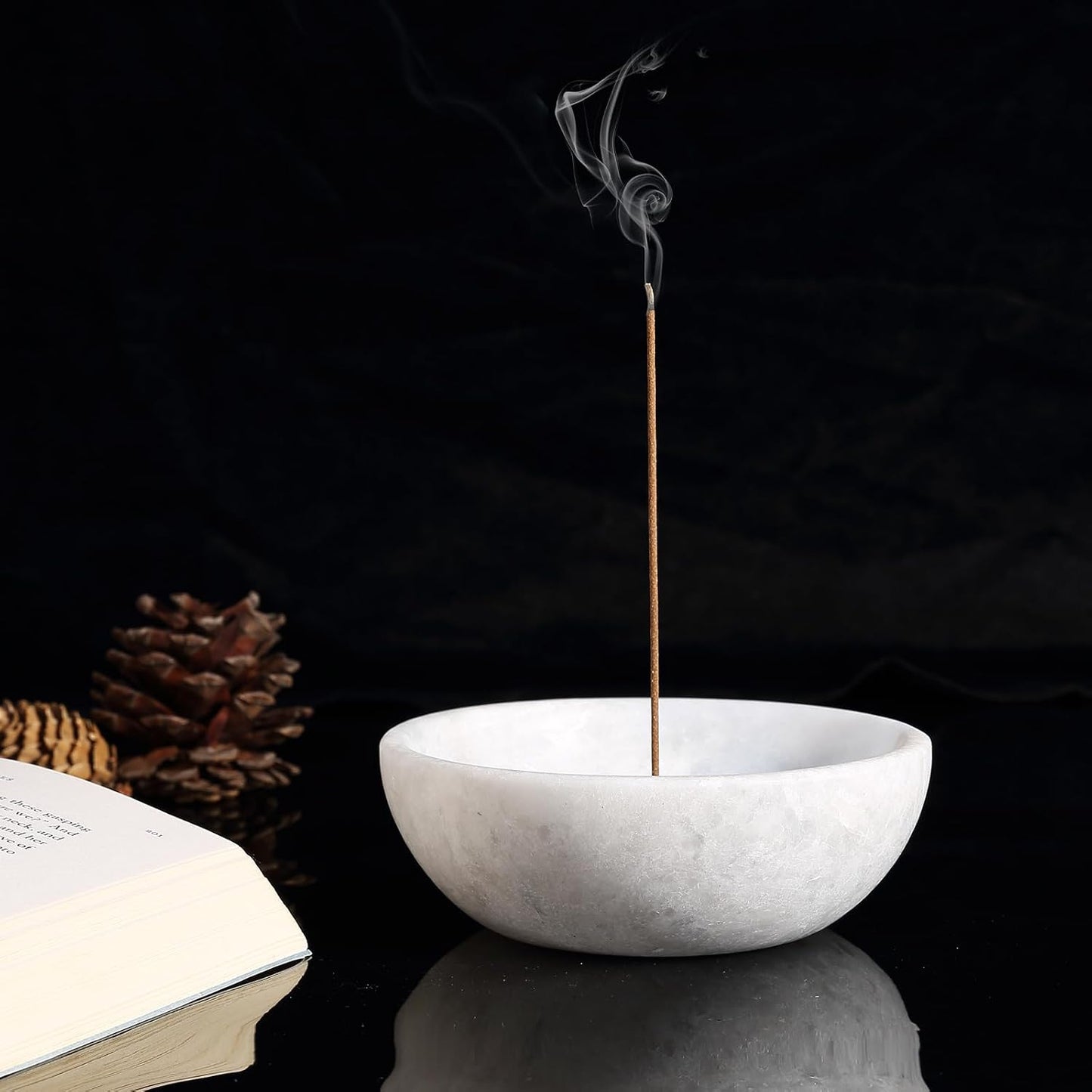 Koville Natural Marble Incense Holder, Incense Holder for Sticks with 9 Holes, Handmade Incense Burner Ash Catcher for Meditation Yoga SPA, Balsam Fir/Palo Santo/Sage/Cone (White)