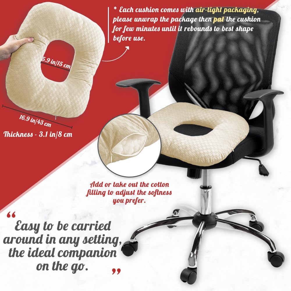 Stuffed Donut Pillow Seat Cushion | for Tailbone and Coccyx Pain, Hemorrhoids, Bed Sores, Pregnancy, Prostate, Surgery Recovery, Sitting Pressure Relief, for Home, Office and Car (Grey)