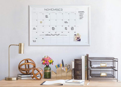 U Brands Magnetic Dry Erase Calendar White Board, 30" x 20", White Wood Style Frame, Includes Magnets