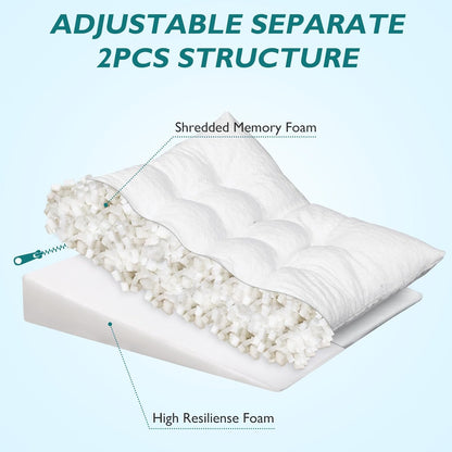 Bed Wedge Pillow for Sleep Apnea 7.5Inch Gerd Pillow Patent Dual Layer Triangle Pillow Adjustable Shredded Memory Foam Topper Soft Support Ideal for Acid Reflux, After Surgery, Snoring