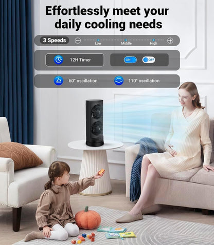 Personal Tower Cooling Fans that Blow Cold Air, Standing Small Desk Fan with 3 Speeds & Timer, 60° & 110° Oscillating Table Fan, Quiet and Safe Electric Floor Fan for Bedroom, Bedside, Home, Office