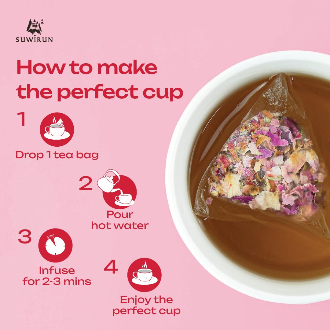 Suwirun Organic Rose Tea 25 Bags – 100% Pure Rose Petals – Delicate Floral Aroma, Naturally Caffeine-Free – Relaxing Herbal Tea, Enjoy Hot or Cold