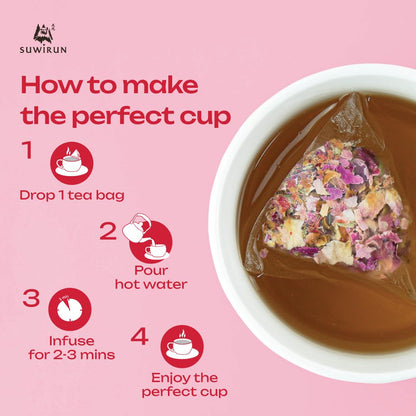 Suwirun Organic Rose Tea 25 Bags – 100% Pure Rose Petals – Delicate Floral Aroma, Naturally Caffeine-Free – Relaxing Herbal Tea, Enjoy Hot or Cold