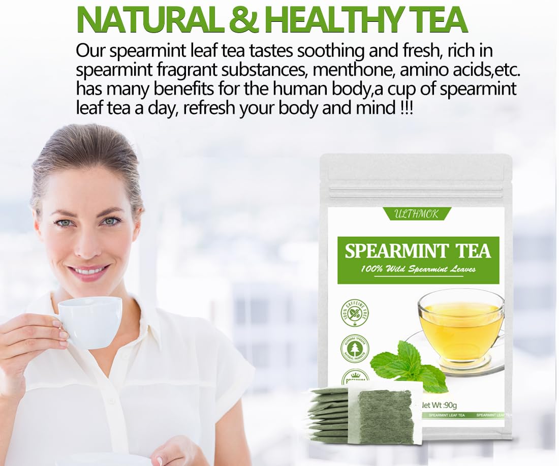 Premium 60 Spearmint Tea Bags, Made with 100% Pure Natural Spearmint Leaves, Caffeine Free & No Additives.