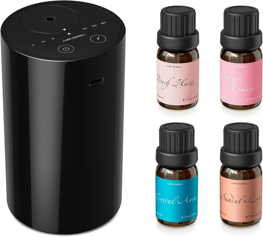 Airversa Waterless Essential Oil Diffuser Starter Kit with 4 x 10mL Hotel Scent Fragrance Oil, Battery Operated Mini Scent Air Machine Portable Diffuser for Home Car Office, AN8 Kit Black