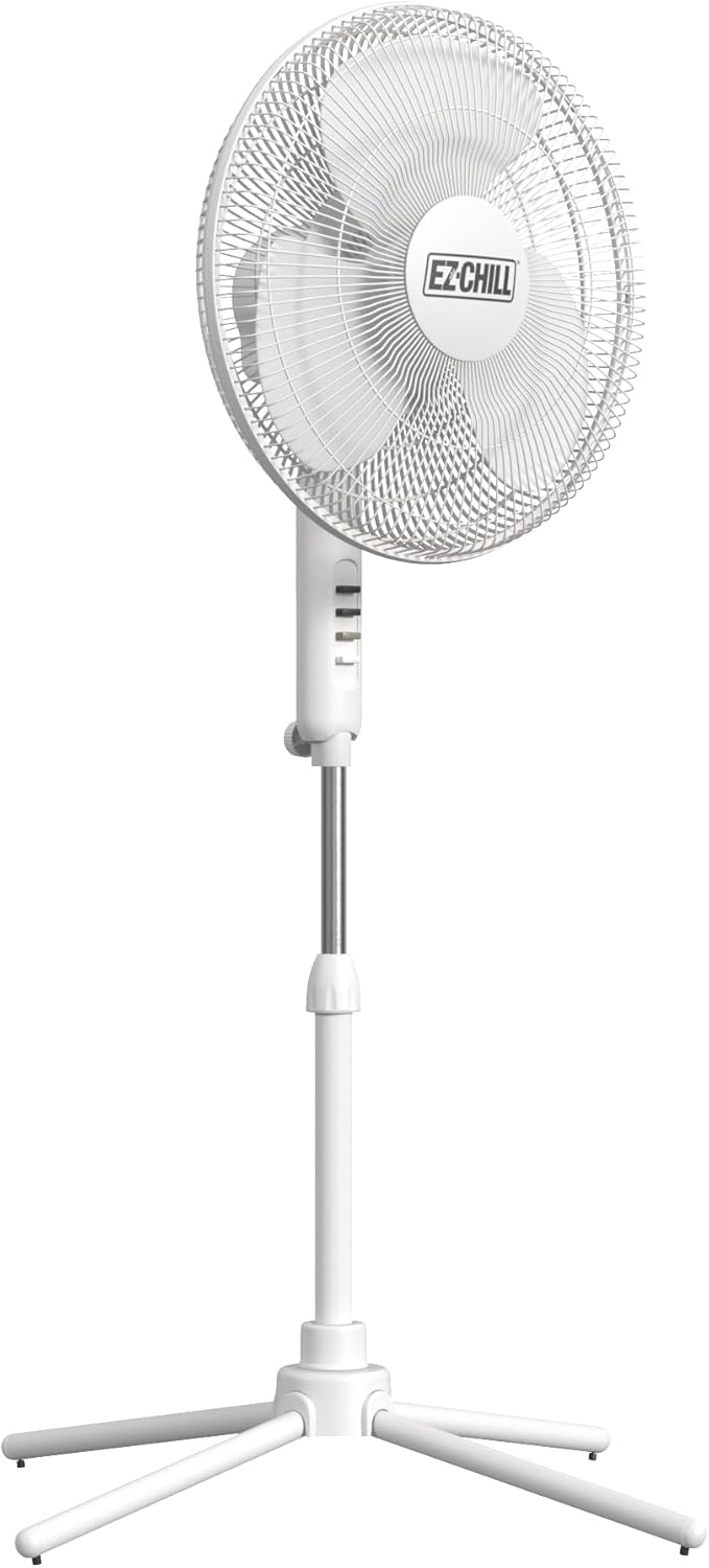 EZ-Chill 16” Oscillating Pedestal Fan, 3-speed Options, 90-Degree Oscillating Head, Adjustable Height and Tilt, Powerful Air Flow, White, MTSP15-16AZ