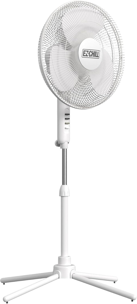 EZ-Chill 16” Oscillating Pedestal Fan, 3-speed Options, 90-Degree Oscillating Head, Adjustable Height and Tilt, Powerful Air Flow, White, MTSP15-16AZ