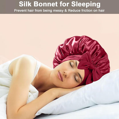 2Pcs Silk Hair Satin Bonnet for Sleeping Women,Large Satin Sleep Bonnets for Women with Elastic Tie Band Silk Hair Wrap with Ajustable Straps,Night Sleep Cap for Curly Braids,Black+Rose Gold