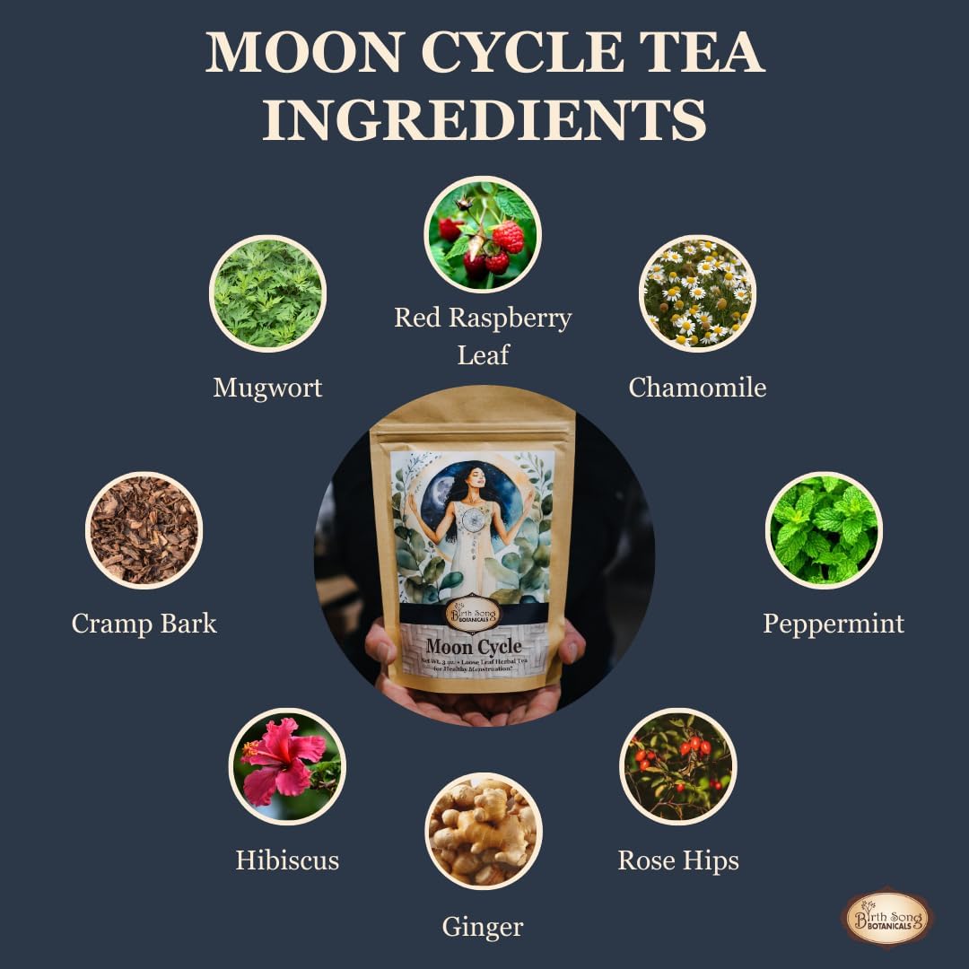 Birth Song Botanicals Organic Moon Cycle Menstrual Tea for Women, Herbal Period Cramp & PMS Relief, Hormone Balance, Bloat & Cycle Support Raspberry Leaf, Mugwort & Chamomile 30 Servings