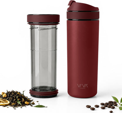 VIVA Recharge Tea Infuser Bottle, 16 oz Insulated Stainless Steel Travel Tea Tumbler with Infuser for Loose Leaf, Hot & Cold Tea & Coffee, Patented Steep Control, Leak-Resistant Lid - Mustard