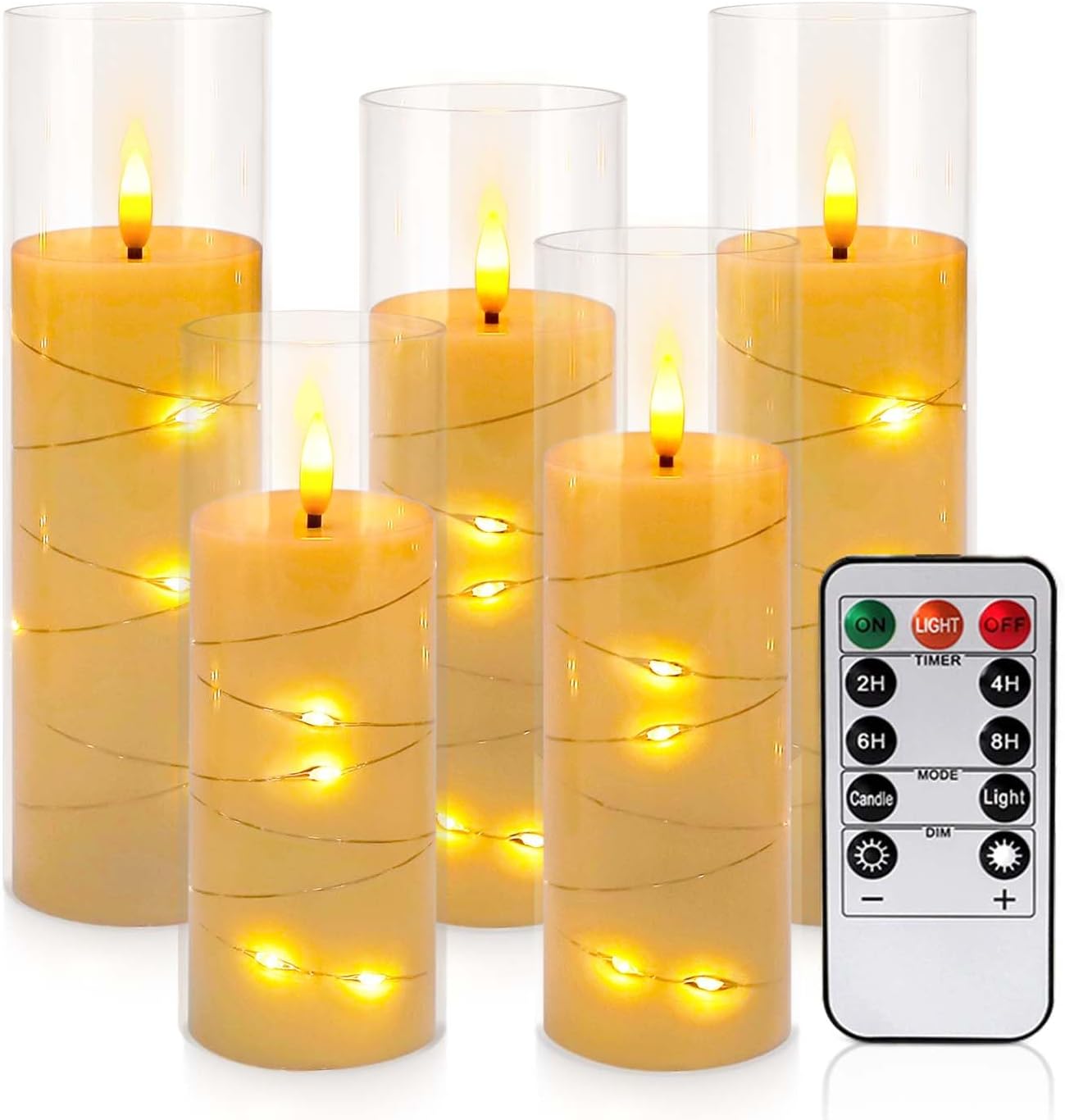 24 Pcs LED Flameless Candles with Remote, 3D Flickering Flame & LED String Lights, Acrylic Clear Cylinder, Timer Function, Romantic Ambience for Home Decor, Party, Wedding (Ivory).