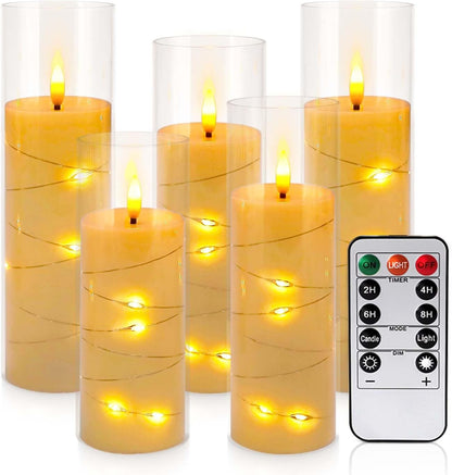 24 Pcs LED Flameless Candles with Remote, 3D Flickering Flame & LED String Lights, Acrylic Clear Cylinder, Timer Function, Romantic Ambience for Home Decor, Party, Wedding (Ivory).