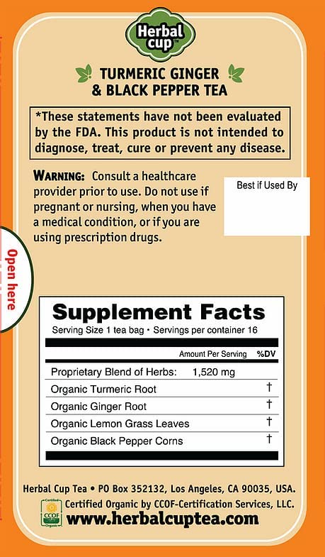 Herbal Cup Ayurveda Turmeric Tea, Organic Ginger & Black Pepper, No Caffeine Herbal Supplement (16 Count, Pack of 6)