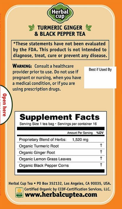 Herbal Cup Ayurveda Turmeric Tea, Organic Ginger & Black Pepper, No Caffeine Herbal Supplement (16 Count, Pack of 6)