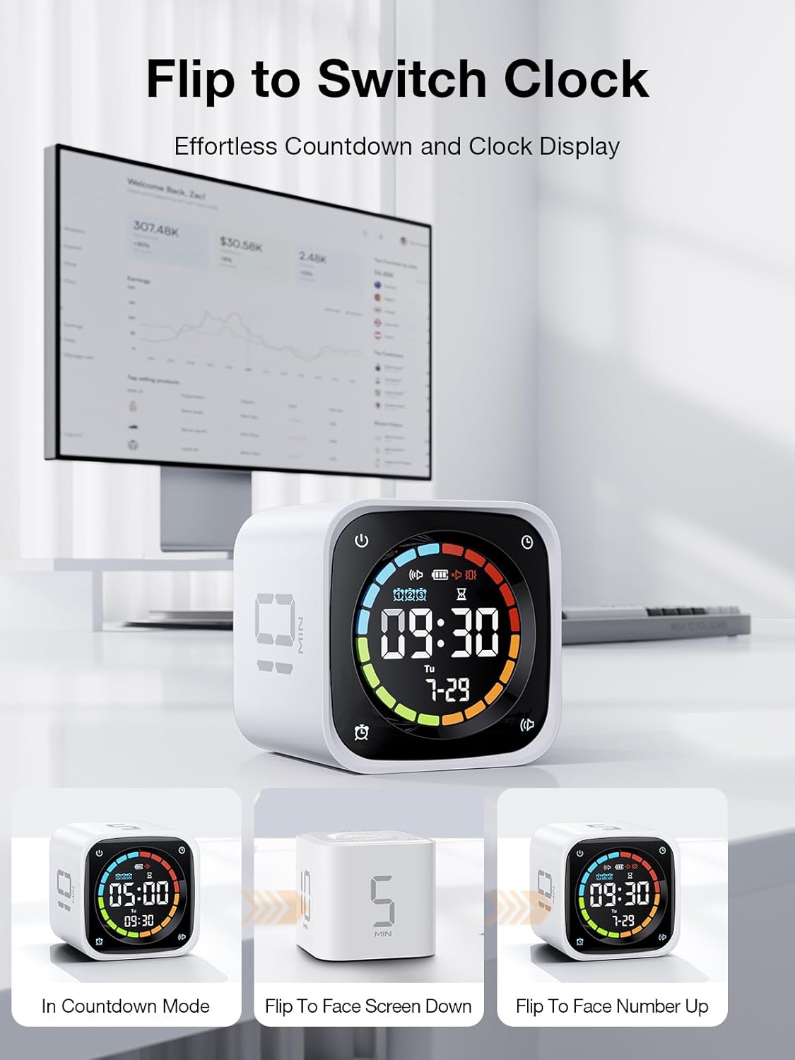TK3 Pomodoro Timer Cube, Desk Productivity Timer with 5/10/30/60 Min Presets, Custom Countdown, Stopwatch, Clock, 3 Alarm, Silent, Vibrate & Sound Alert, for Task, ADHD, Study, Kitchen, Black