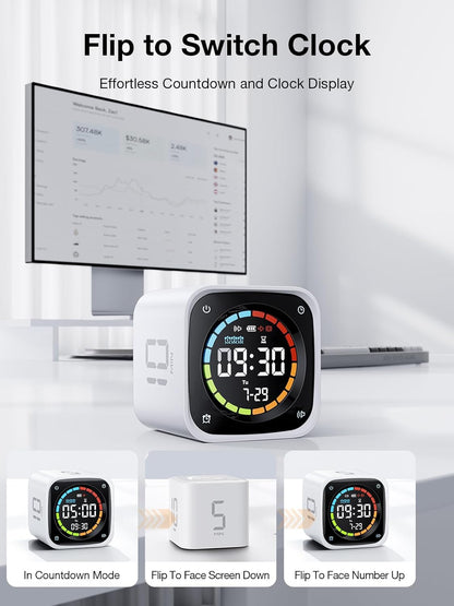 TK3 Pomodoro Timer Cube, Desk Productivity Timer with 5/10/30/60 Min Presets, Custom Countdown, Stopwatch, Clock, 3 Alarm, Silent, Vibrate & Sound Alert, for Task, ADHD, Study, Kitchen, Black