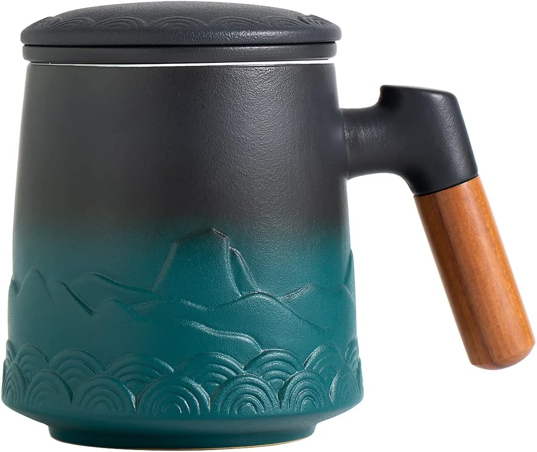 ZENS Embossed Ceramic Tea Mug with Infuser and Lid, 14.5 oz Wooden Handle, Loose Leaf Tea Steeper Cup & Strainer for Tea Lovers Gifts