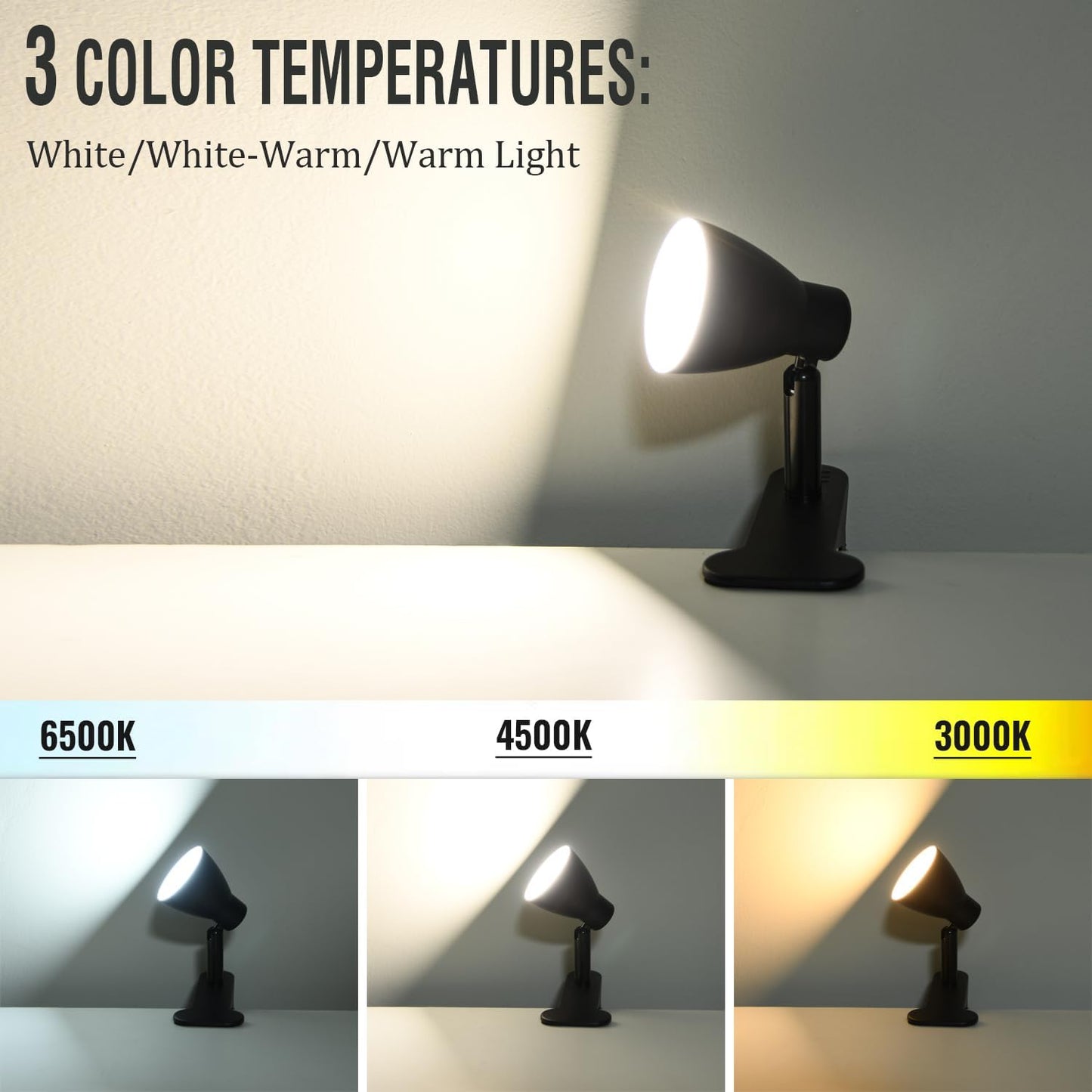 CRI 90+ Eye-Care Clip Light for Reading, 6W Small Clamp Lamp for Desk, Flexible Gooseneck Clip Lamp for Bed Headboard with 3 Color Modes & 10 Brightness(Adapter Include)