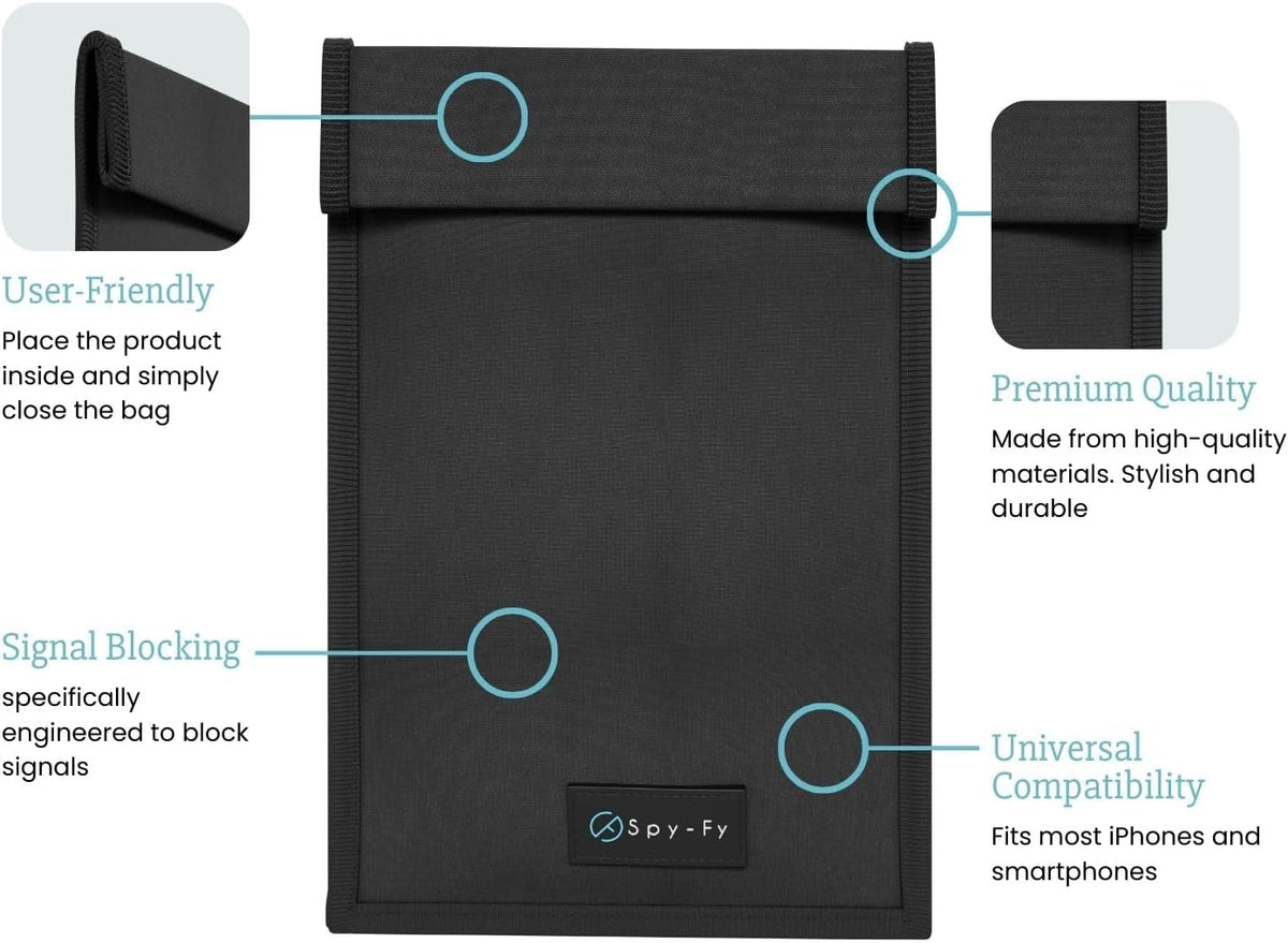 Faraday Bag for Phones - Signal Blocking Pouch 8.6 inch | Blocking LTE, Bluetooth, WiFi, RFID | Anti-Tracking & Hacking Protection for Smartphones & iPhones | Black