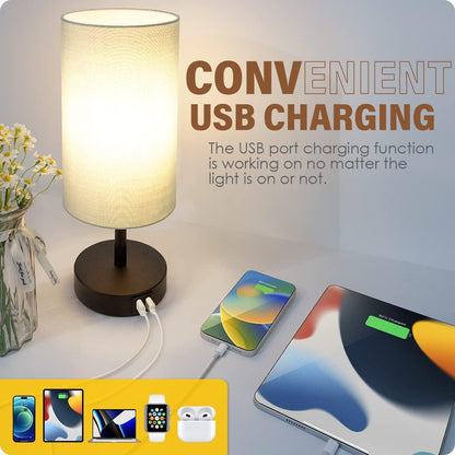 Yarra-Decor Bedside Lamps with USB Port - Touch Control Table Lamp for Bedroom Wood 3 Way Dimmable Nightstand Lamp Set of 2 with Round Flaxen Fabric Shade for Living Room, Dorm, Home Office (2 Pack)